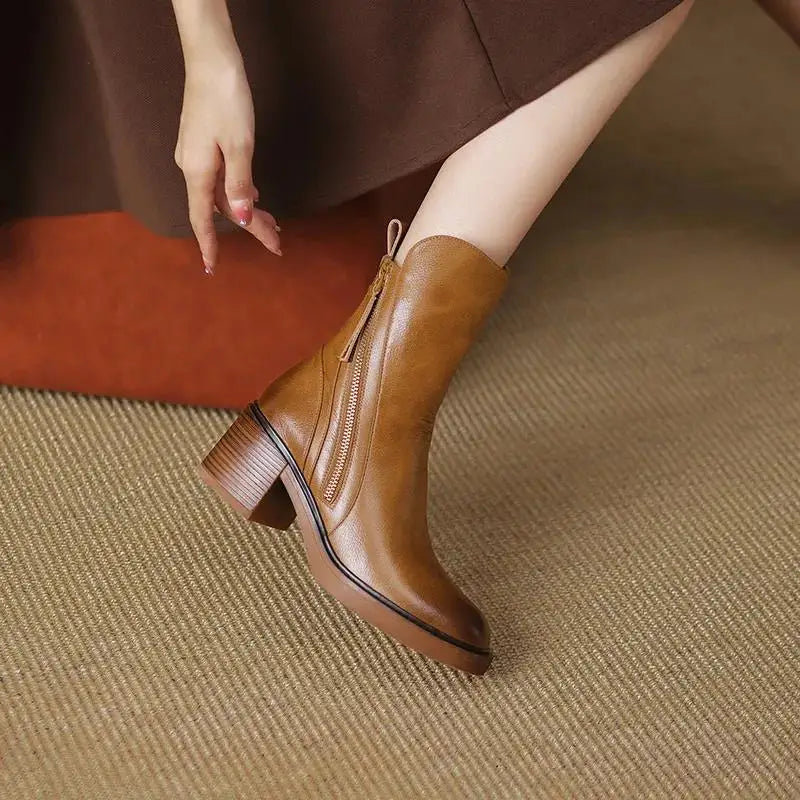 Bottines en Cuir à Talon Epais