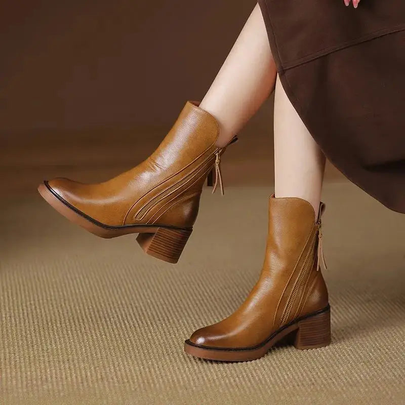Bottines en Cuir à Talon Epais