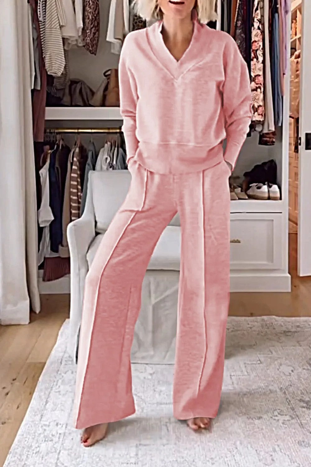 Ensemble Elegant Col V- Pantalon Large