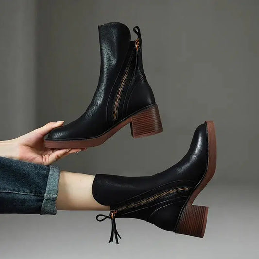 Bottines en Cuir à Talon Epais