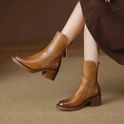 Bottines en Cuir à Talon Epais