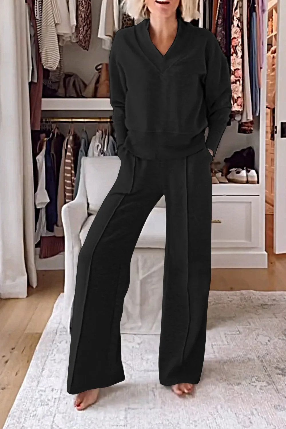 Ensemble Elegant Col V- Pantalon Large