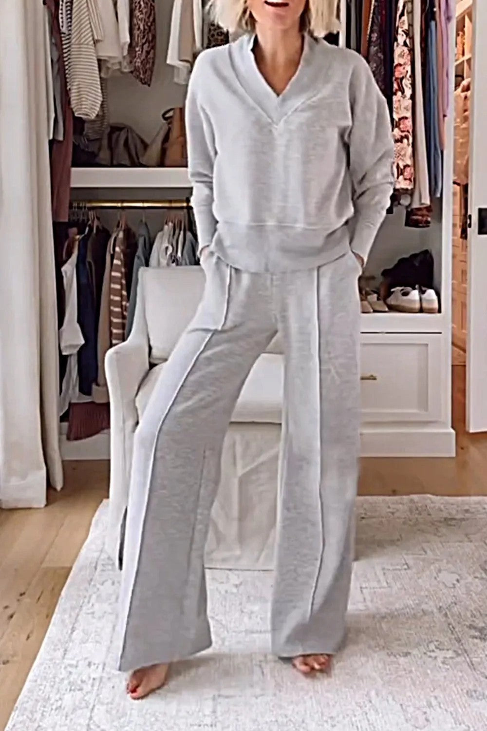 Ensemble Elegant Col V- Pantalon Large