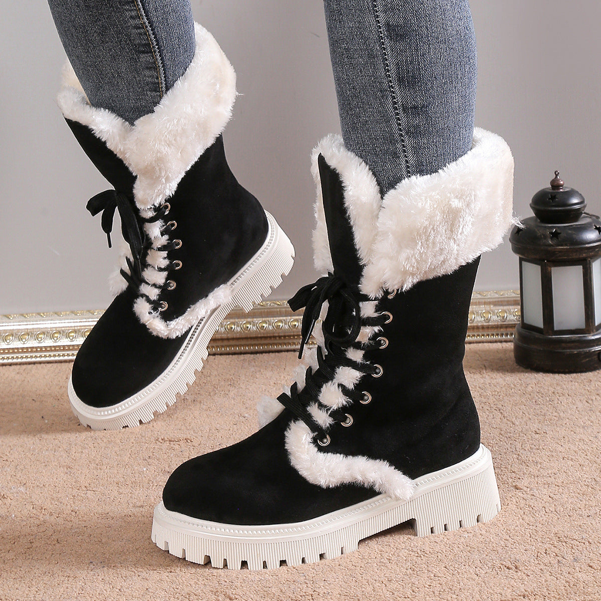Bottes De Neige Lacées Mi-Hautes