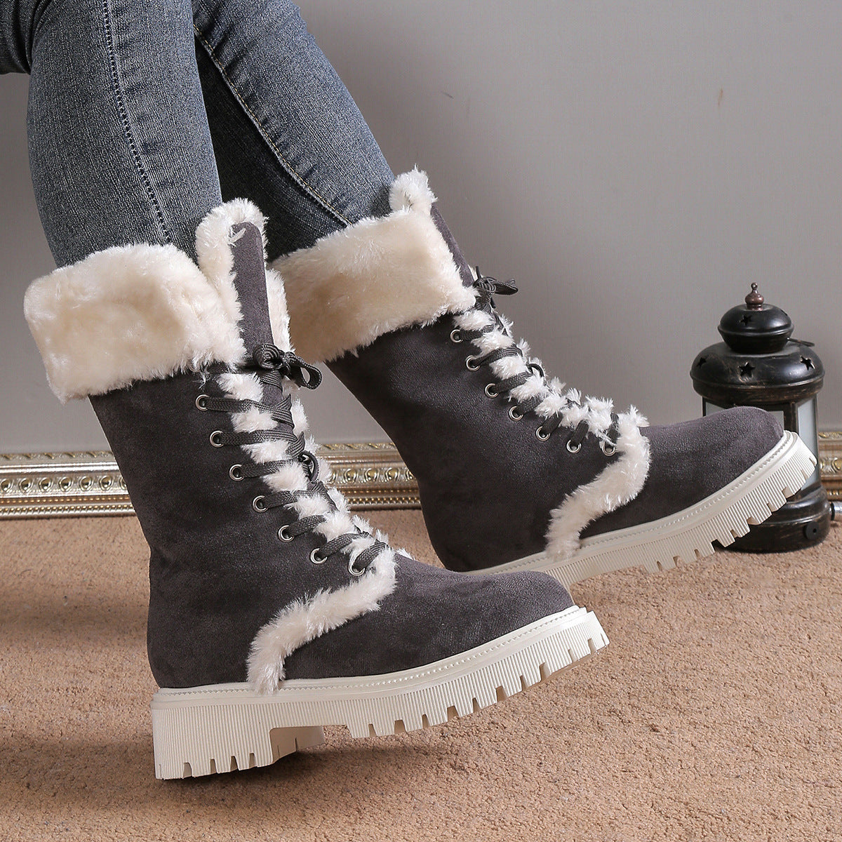 Bottes De Neige Lacées Mi-Hautes